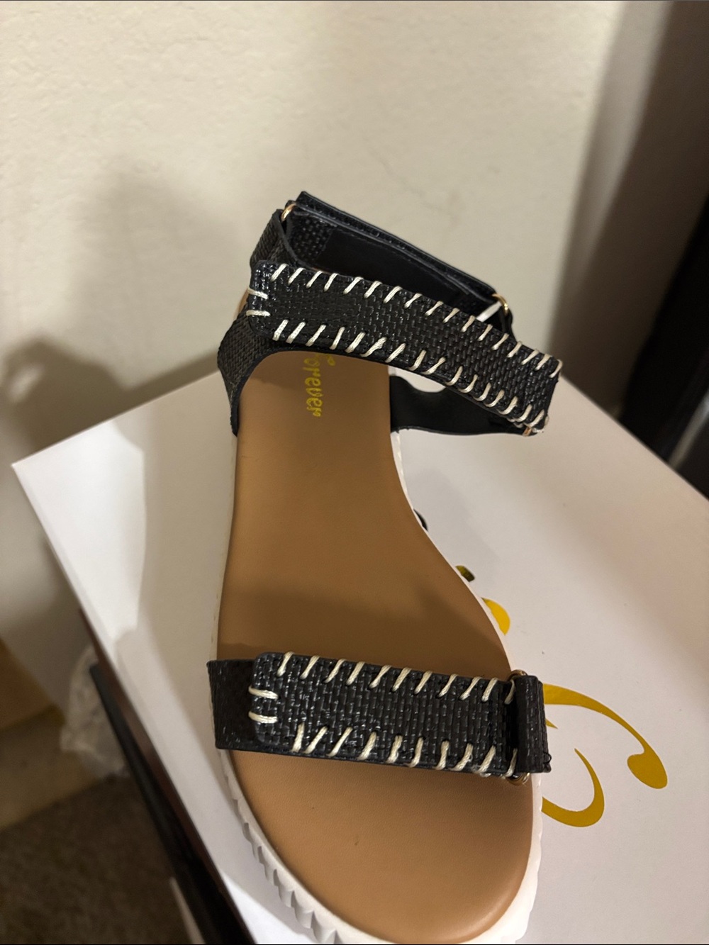 Forever Link Black Sandals with Tan Footbed and White Stitching